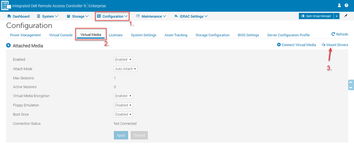 Interface Web iDRAC - Configuration - Média virtuel - Monter les pilotes