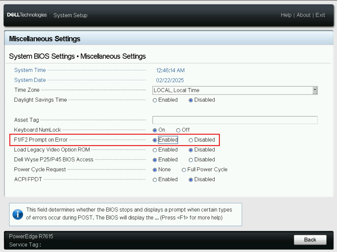 Schermata del BIOS che mostra l'opzione F1/F2