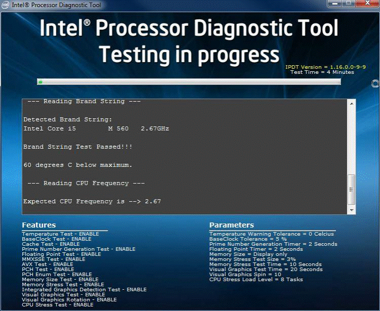 Progression des tests de l’outil de diagnostic du processeur Intel