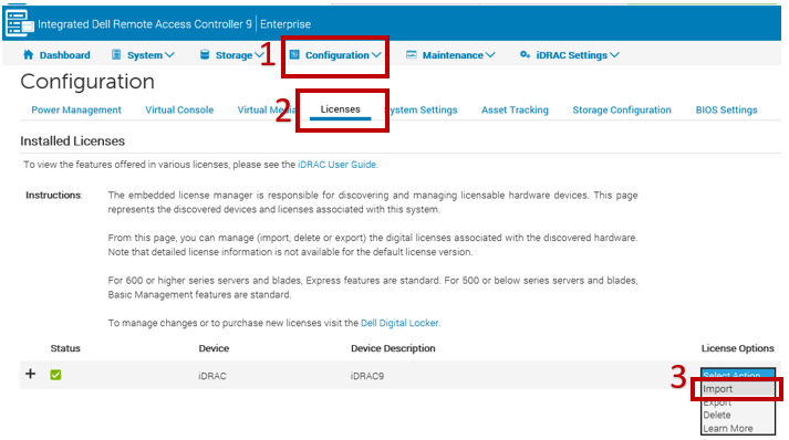 Importation de la licence iDRAC9