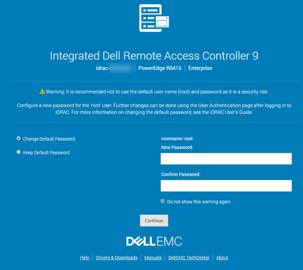 iDRAC9のデフォルトのユーザー名とパスワードの警告メッセージ