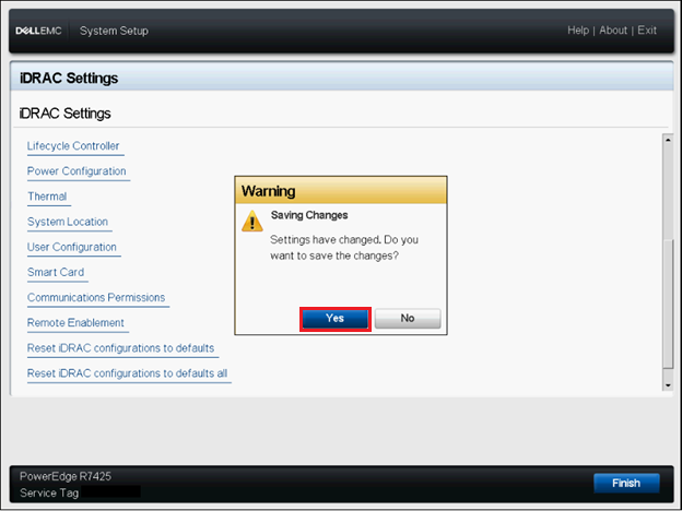 Configuración del sistema, configuración de iDRAC, advertencia para guardar cambios