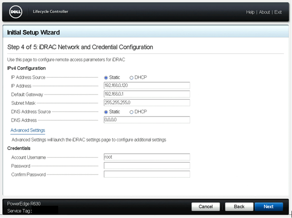Configurações do > Lifecycle Controller > Configuração de credenciais e rede do iDRAC