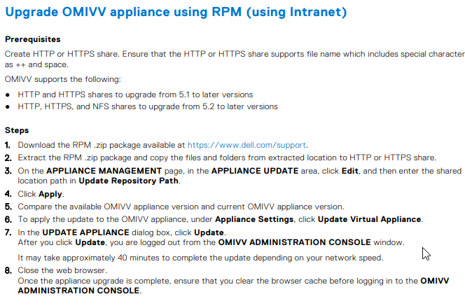 使用 RPM 升级 OMIVV 设备(使用 Intranet)