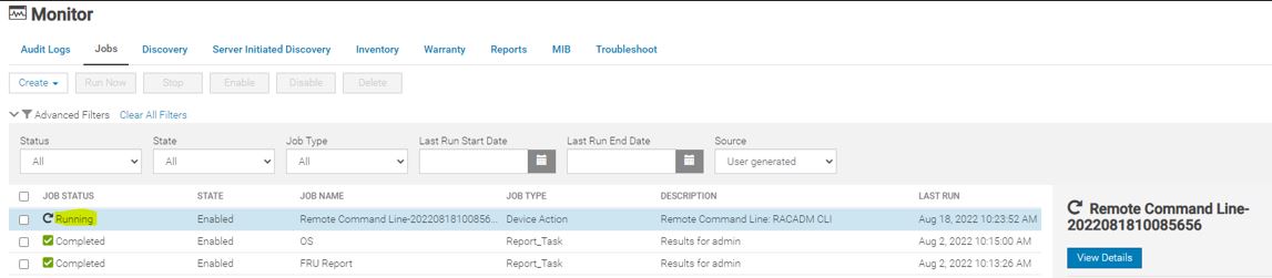 Jobvisning, der viser jobstatus