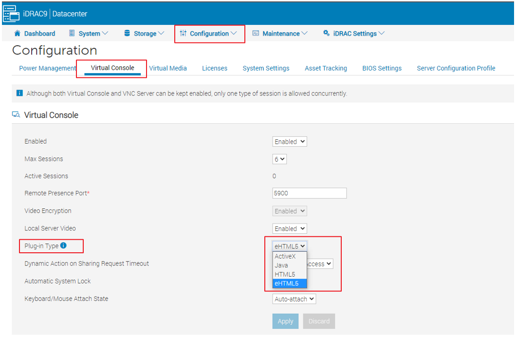 Exemplo: o iDRAC9 com a versão 5.10.30.00 pode listar a opção de tipo de plug-in para escolher entre ActiveX, Java, HTML5 e eHTML5