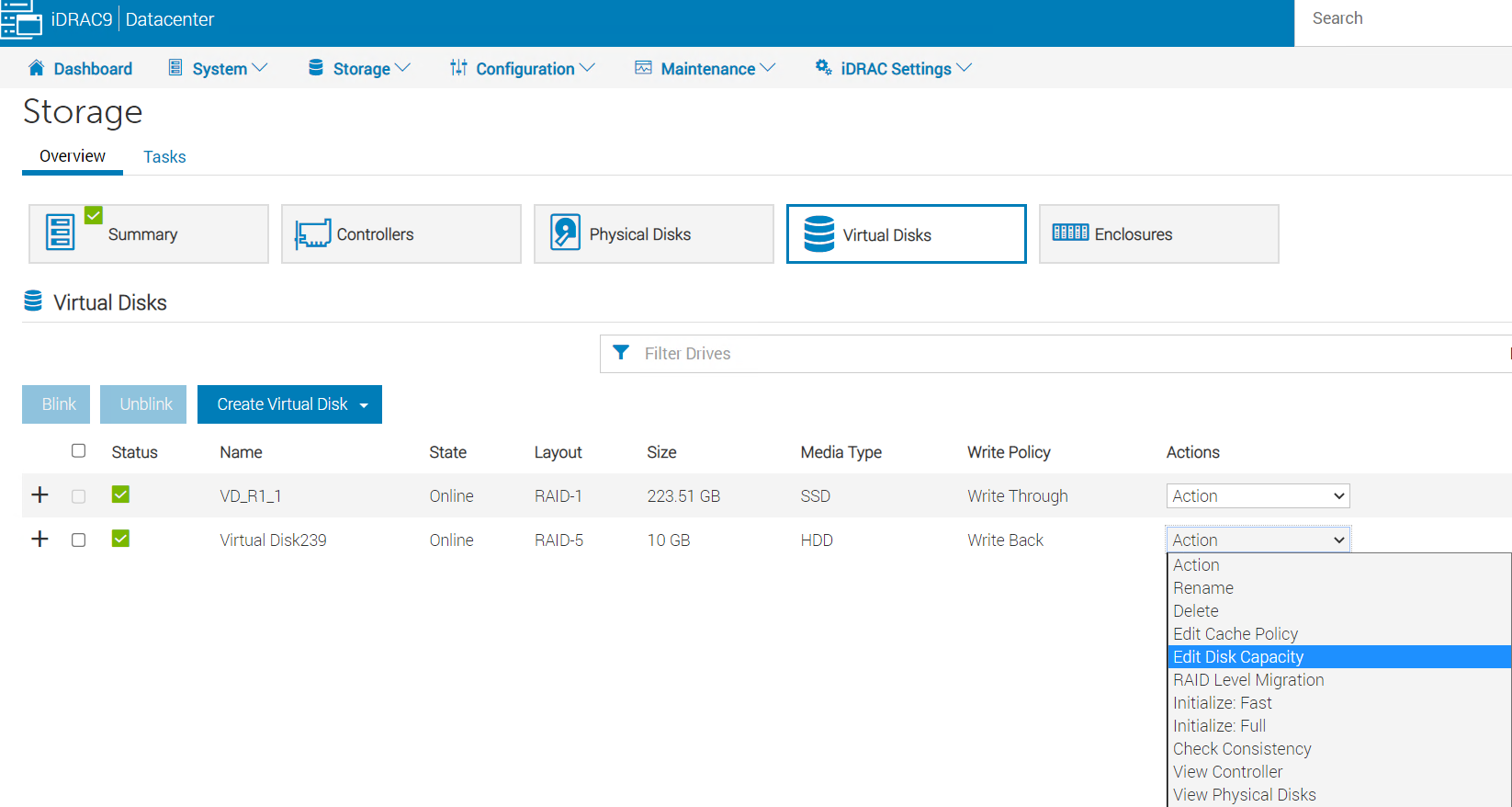 iDRAC WebGUI -> Armazenamento -> Disco virtual
