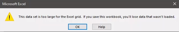 Message d’avertissement Excel indiquant que le jeu de données est trop volumineux