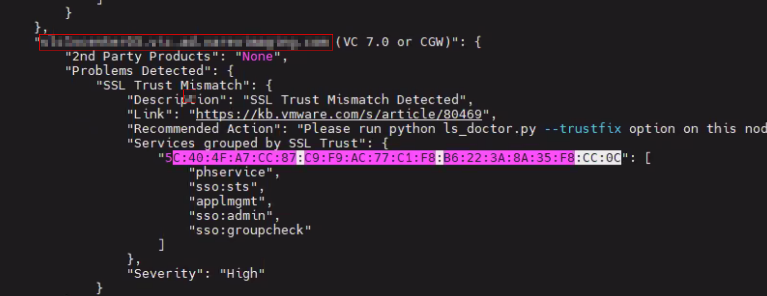Esempio di messaggio di errore di LSDoctor in vCenter