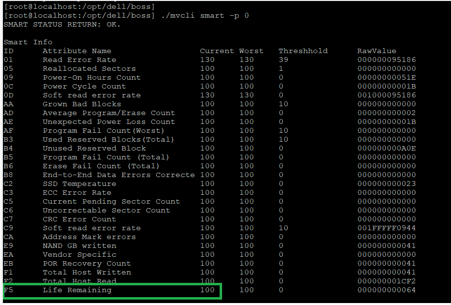 虚拟控制台 3 突出显示磁盘 0 的剩余寿命输出