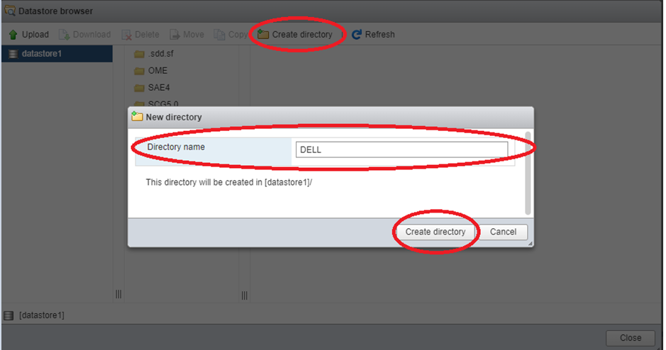 Create Directory > name est défini ici sur DELL > create directory