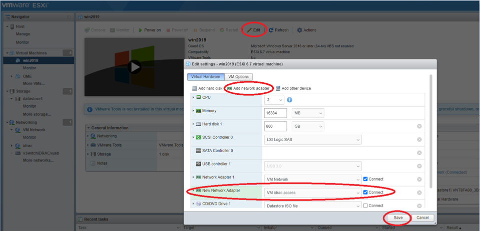 Aby przyznać dostęp > , przejdź do maszyny wirtualnej (VM), > kliknij przycisk Edytuj > , dodaj kartę > sieciową, wybierz grupę portów dodanych w poprzednim kroku > , zaznacz opcję Połącz > , kliknij przycisk Zapisz