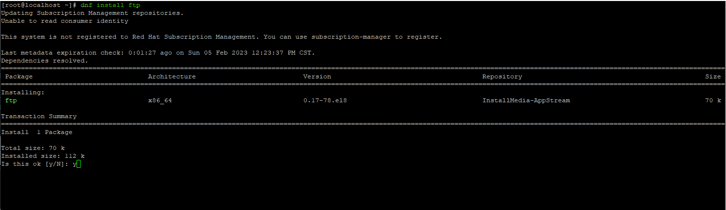 Output dall'FTP di installazione di DNF