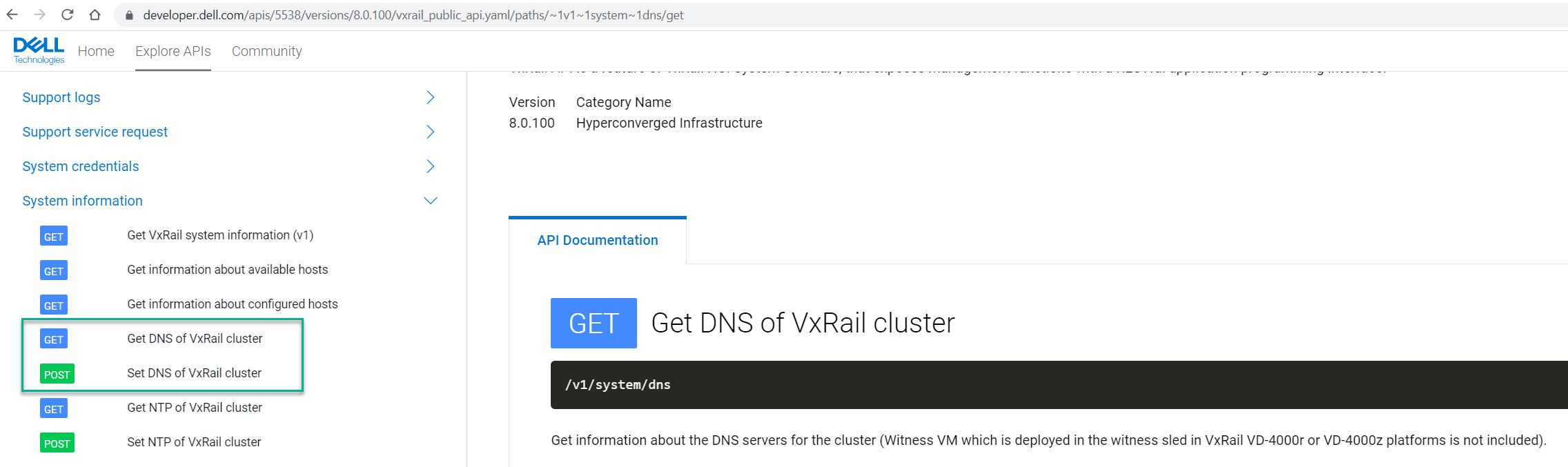 Obrázek rozhraní API pro získání a spuštění serveru DNS clusteru VxRail