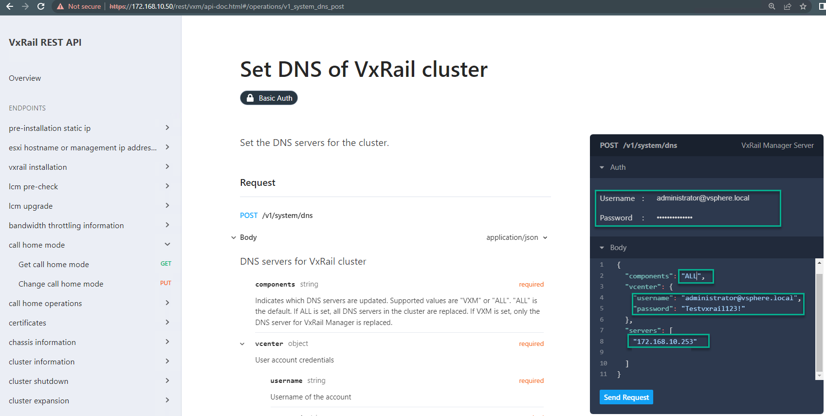 Obrázek nastavení DNS clusteru VxRail v rozhraní VxRail REST API