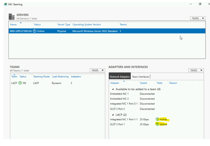 Immagine della pagina gruppo scheda di rete in Server Manager