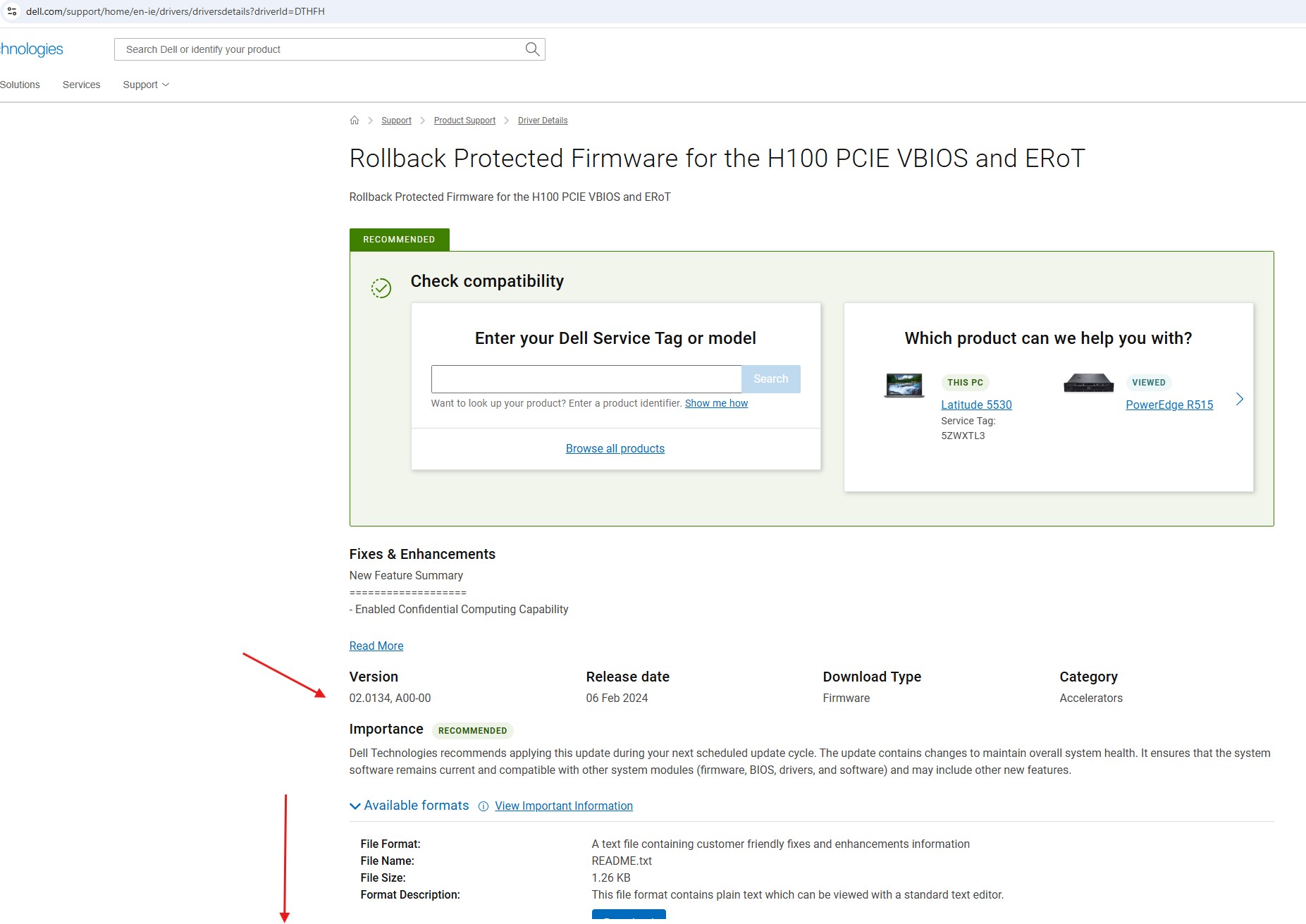 H100-voorbeeld met de downloadbestanden en een pijl die naar beneden wijst naar het einde van de pagina waar de installatie-instructies zich bevinden