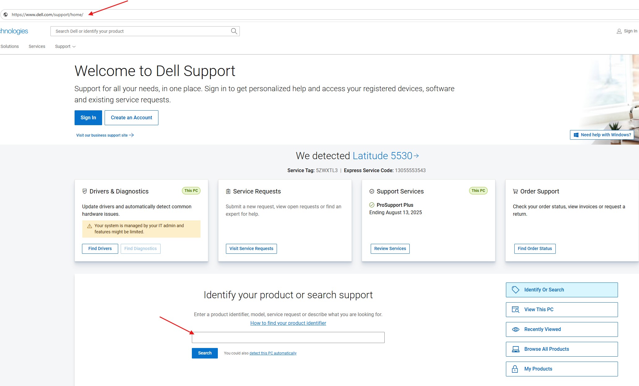 Home page del supporto con una freccia rossa che punta all'indirizzo e alla casella di ricerca nella parte inferiore dell'immagine