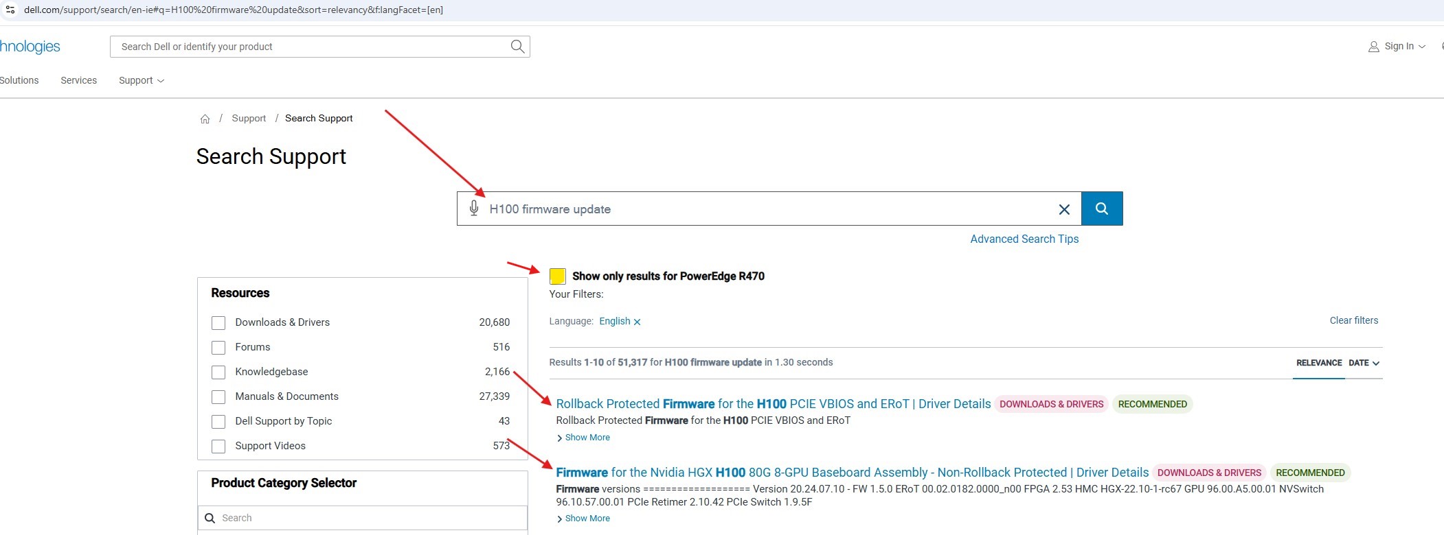 Image montrant les résultats d’une recherche concernant le firmware du processeur graphique