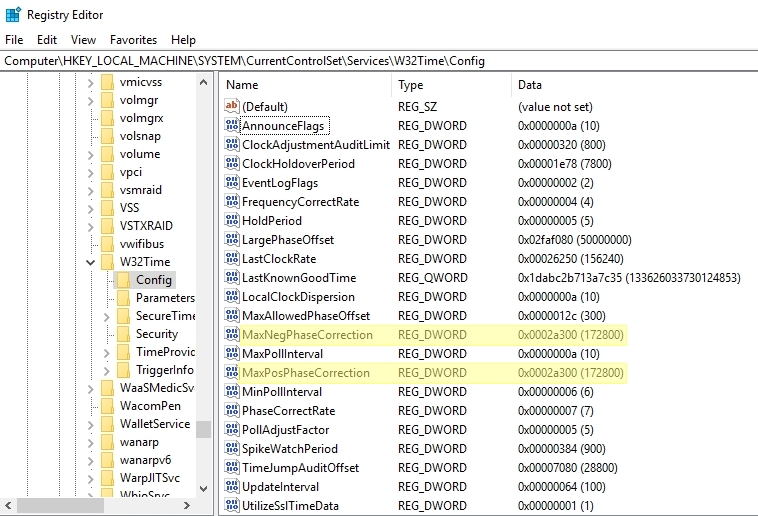 Umístění v registru hodnot MaxPosPhaseCorrection a MaxNegPhaseCorrection