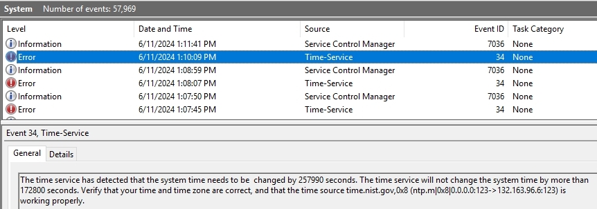 Error de servicio de hora 34, que indica una gran diferencia horaria