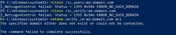 nltest /sc_query, nltest /sc_verify ve netdom verify komutları tarafından döndürülen benzer hatalar