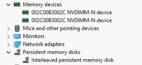 Entrelacement NVDIMM/PMEM dans le Gestionnaire de périphériques