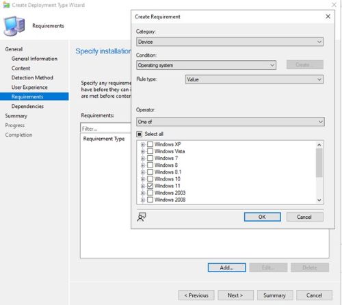 Select the requirements based on your environment, then click Ok