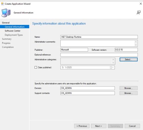 Geben Sie einen Namen ein und geben Sie alle erforderlichen Informationen wie Herausgeber und Softwareversion an. Aktualisieren Sie dann den Anwendungseigentümer und ggf. den Supportkontakt und klicken Sie auf