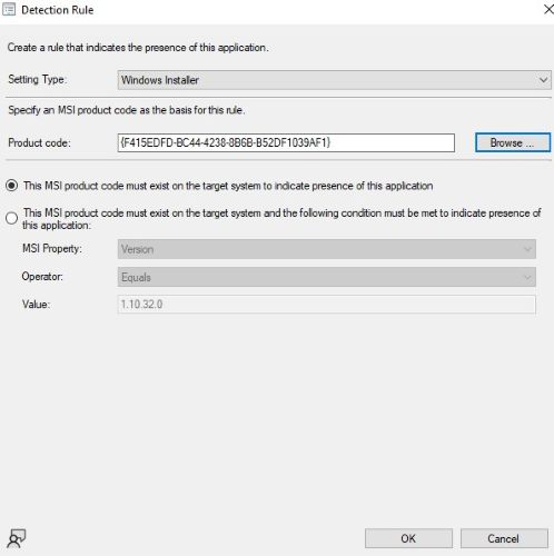 I rullemenuen Indstillingstype skal du vælge Windows Installer og derefter klikke på Gennemse ud for produktkoden og vælge installationsprogrammet til Dell Core Services. Klik derefter på OK