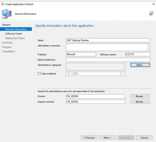 Enter a name and provide any needed information such as publisher and software version, then update the application owner, and support contact if needed and click Next