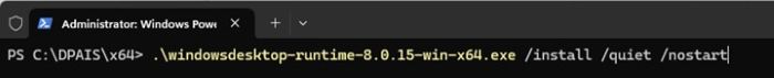 Saisissez .\windowsdesktop-runtime-8.0.15-win-x64.exe /install /quiet /norestart et appuyez sur Entrée.