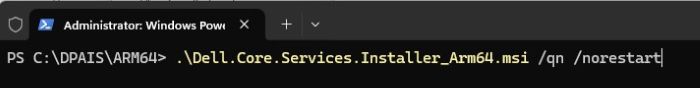 Escriba .\Dell.Core.Services.Installer_Arm64.msi /qn /norestart y presione Intro