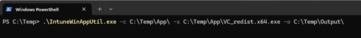 Digitare .\IntuneWinAppUtil.exe -c C:\Temp\App\ -s C:\Temp\App\VC_redist.x64.exe -o C:\Temp\Output\