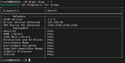 Comando: dcgmi diag -r 1 exemplo