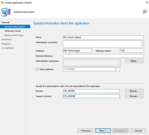 Digite um nome e forneça as informações necessárias, como editor e versão do software, atualize o proprietário do aplicativo e entre em contato com o suporte, se necessário, e clique em Next