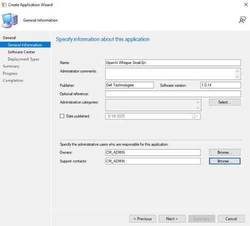 Ingrese un nombre y proporcione la información necesaria, como el editor y la versión de software, actualice el propietario de la aplicación y el contacto de soporte si es necesario y haga clic en Siguiente