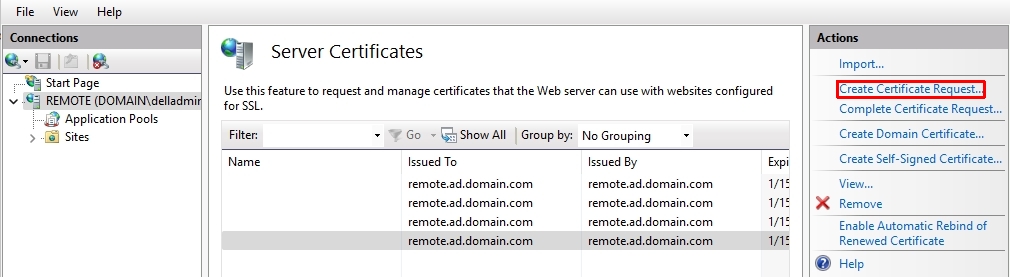 Skjermbilde av serversertifikater i IIS Manager med koblingen Opprett sertifikatforespørsel uthevet