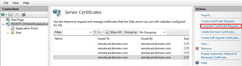 Skjermbilde av serversertifikater i IIS Manager med koblingen Fullfør sertifikatforespørsel uthevet