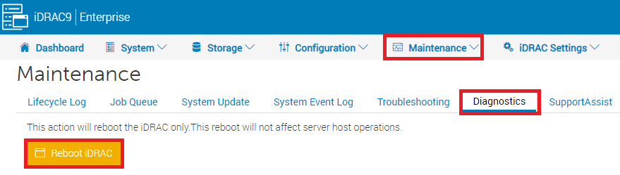Image shows 'Maintenance > Diagnostics > Reboot iDRAC'