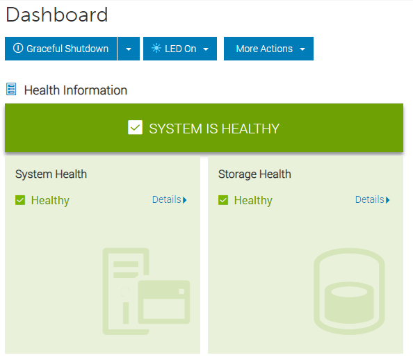 Image shows green "SYSTEM IS HEALTHY" in iDRAC Dashboard