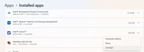Select Intel Unison, then select Uninstall in Installed Apps