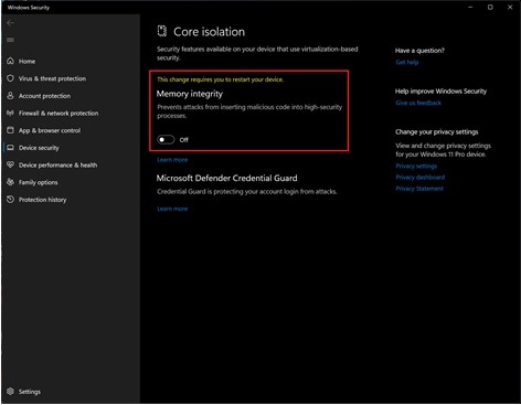 Core isolation settings, turn off Memory integrity