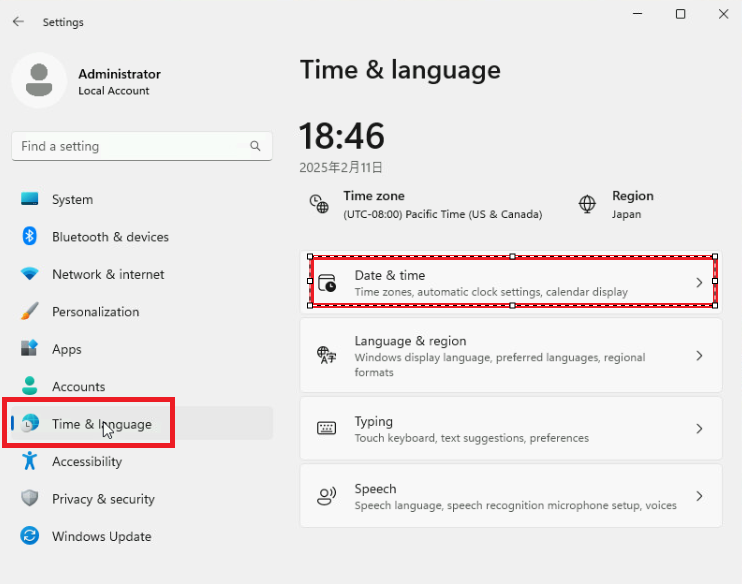 Time & languageメニュー