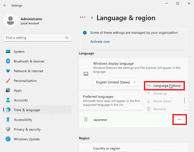 Language & regionメニュー