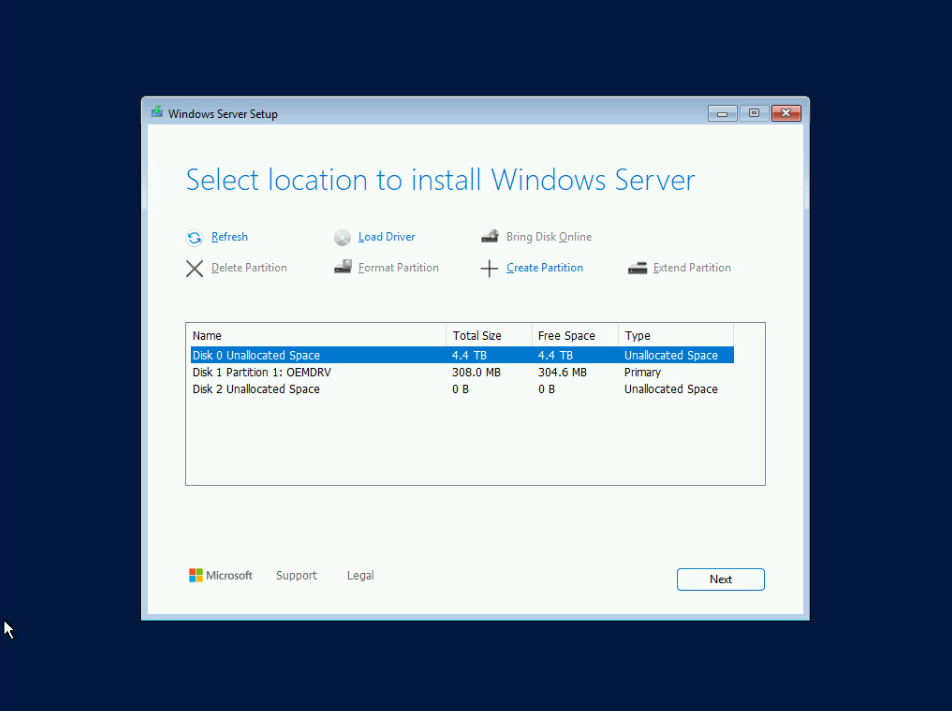 Select location to install Windows Server