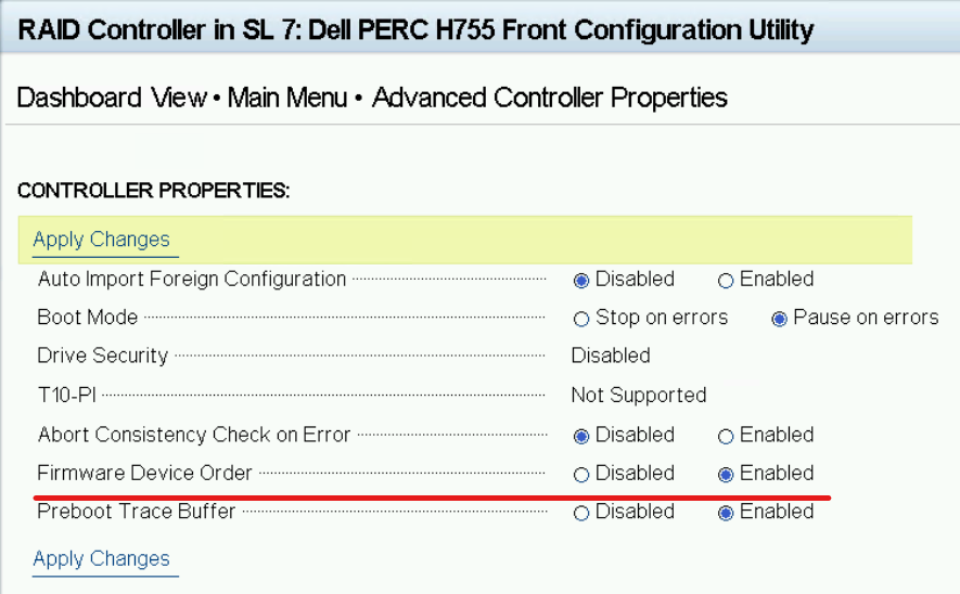 Menu HII del controller PERC Pagina Advanced Controller Properties