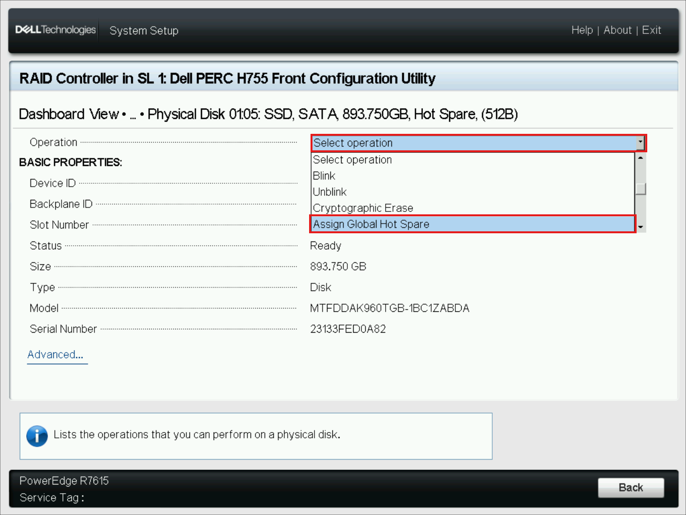 Menu rozwijane operacji zarządzania dyskami fizycznymi
