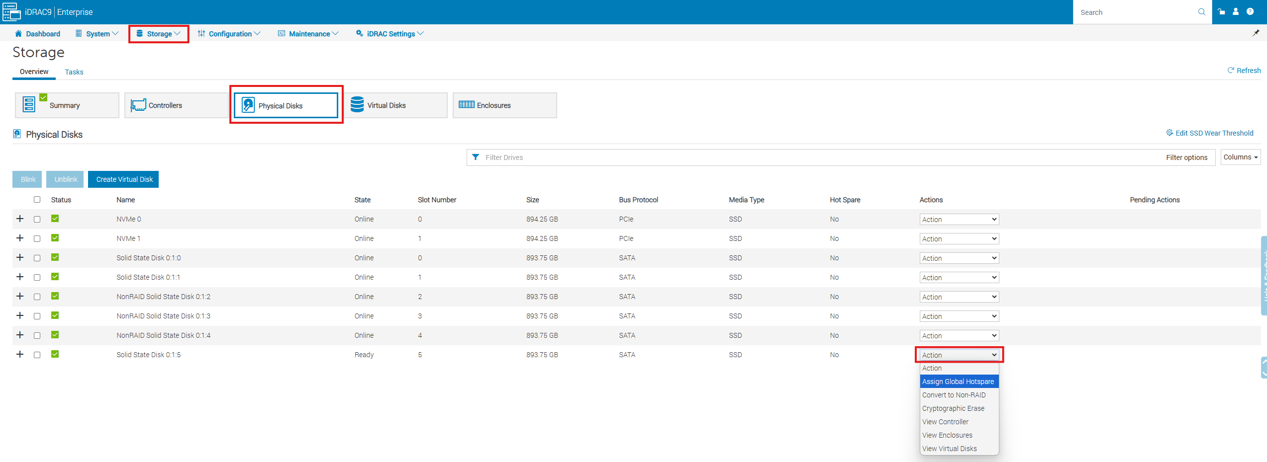 Widok dysków fizycznych w interfejsie sieciowym kontrolera iDRAC