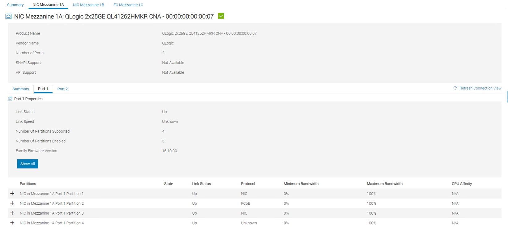 iDRAC UI 端口 1 属性